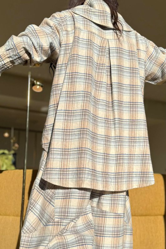 Agnes Plaid Brushed Cotton Neckerchief Blouse Blue